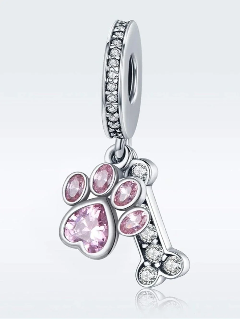 Pink Paw & Bone Dangle Charm - Silver Tone Pet Jewelry